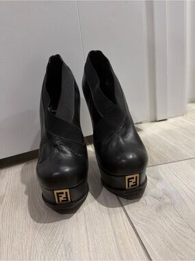 Fendi Black Leather Platform Ankle Boots with Gold FF Accent